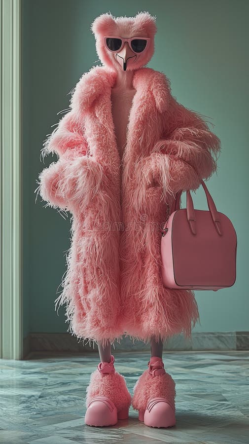 Elegant anthropomorphic flamingo in vibrant pink fur coat stock illustration