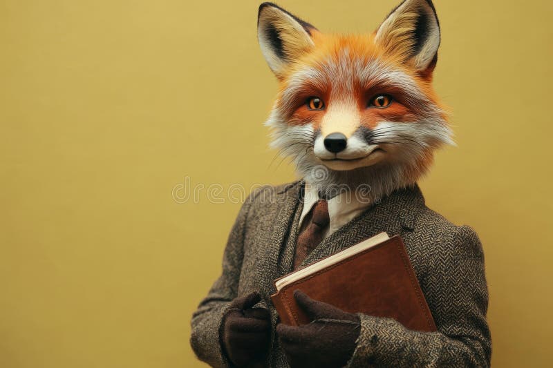 Elegant Anthropomorphic Fox with Book in Stylish Tweed Attire vector illustration
