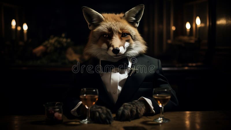 Elegant Anthropomorphic Fox Enjoying a Refined Evening at a Vintage Bar with Whiskey and Jazz Music vector illustration