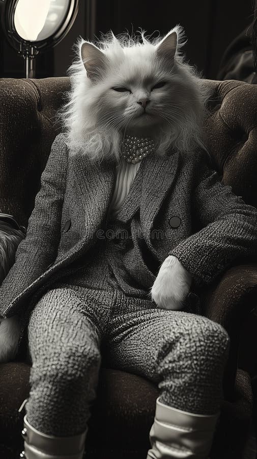 Elegant anthropomorphic persian cat in fashion studio stock illustration