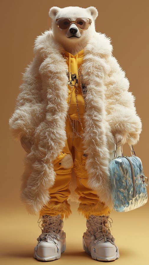 Elegant anthropomorphic polar bear in luxurious winter fashion stock illustration