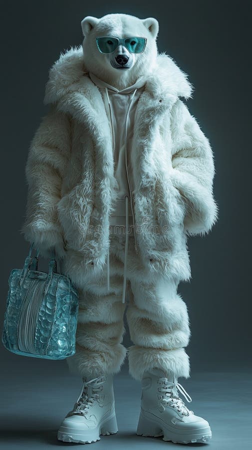 Elegant anthropomorphic polar bear in luxurious winter fashion stock illustration