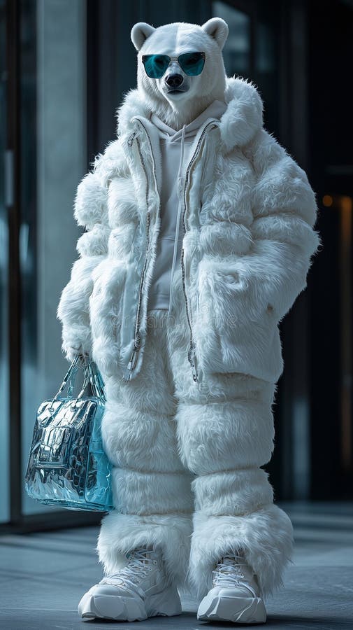 Elegant anthropomorphic polar bear in luxurious winter fashion stock illustration