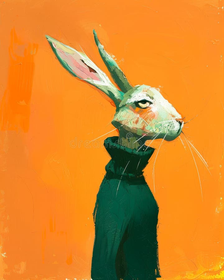 Elegant Anthropomorphic Rabbit Wearing a Turtleneck in a Vibrant Orange Setting stock illustration