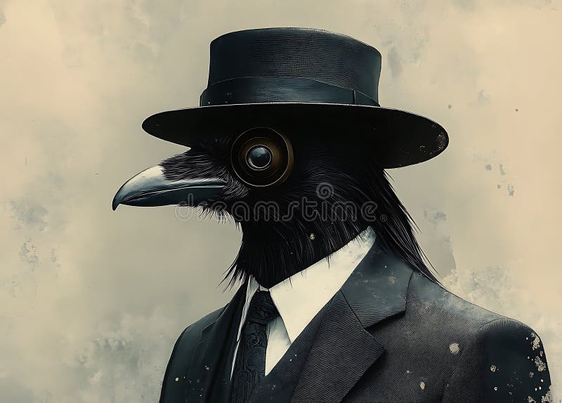 Elegant anthropomorphic raven in a vintage suit and hat in a dark setting. vector illustration