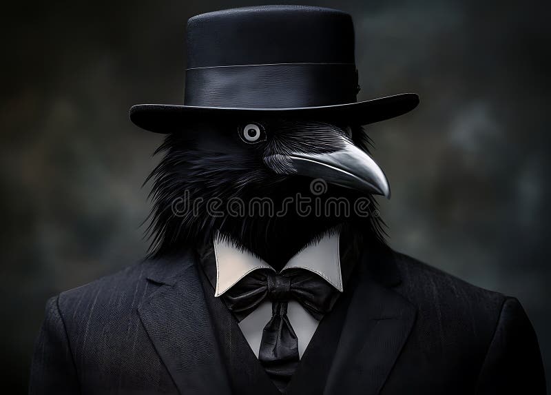 Elegant anthropomorphic raven wearing a vintage suit and top hat in a dark setting. vector illustration