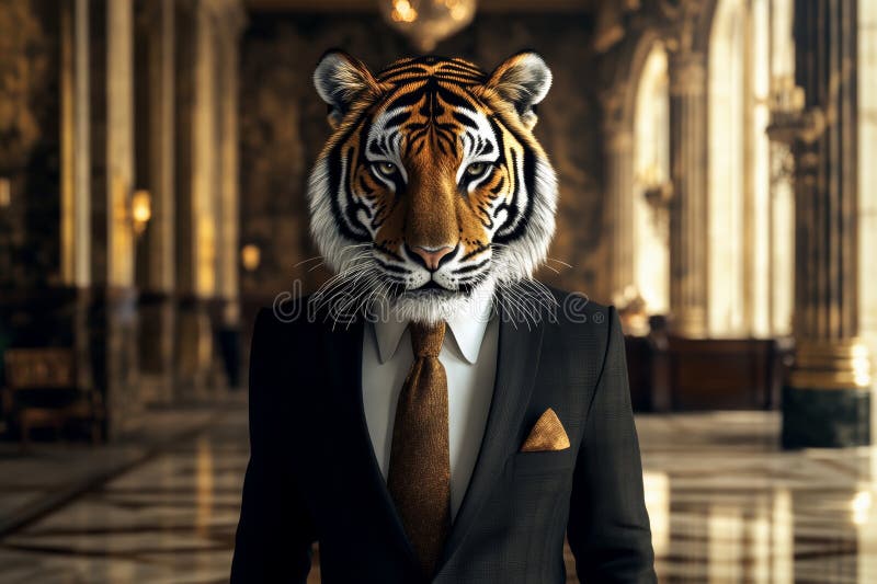Elegant Anthropomorphic Tiger in Suit within Opulent Hallway Concept Art royalty free illustration