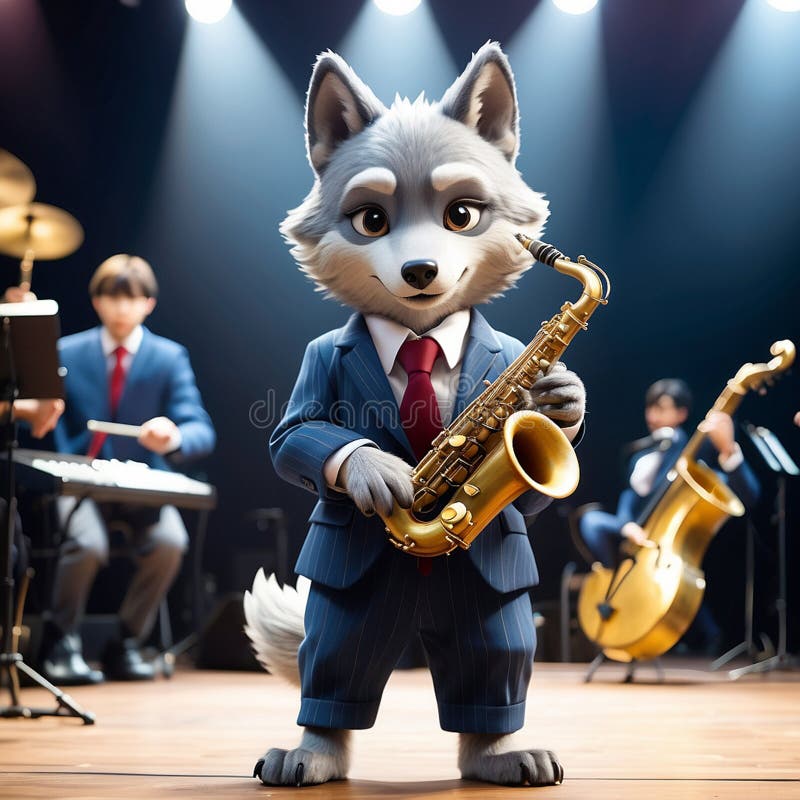 A cool anthropomorphic wolf cub playing saxophone. stock illustration.