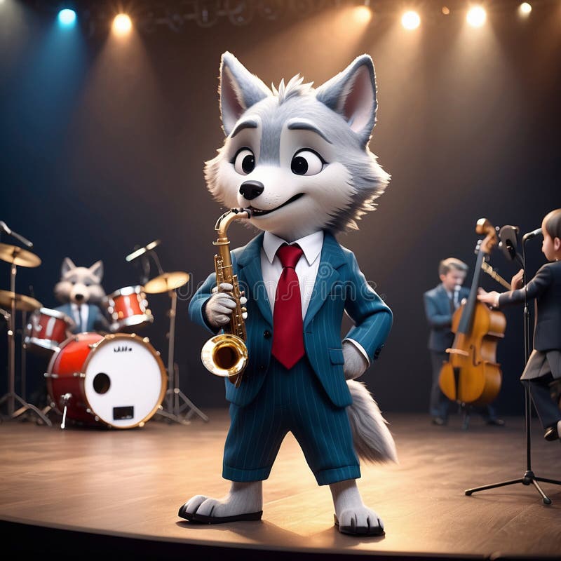 A cool anthropomorphic wolf cub playing saxophone. vector illustration.