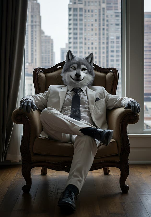 Elegant anthropomorphic wolf in a suit seated in a luxurious urban setting. stock illustration