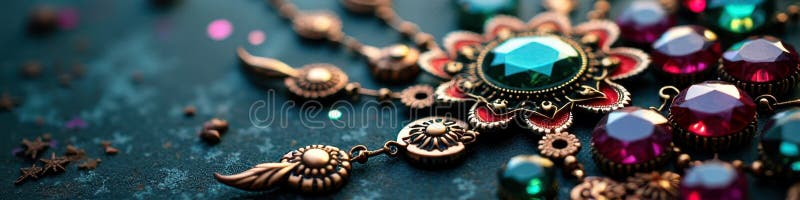 Elegant antique necklace with multicolored gemstones and intricate metalwork stock illustration