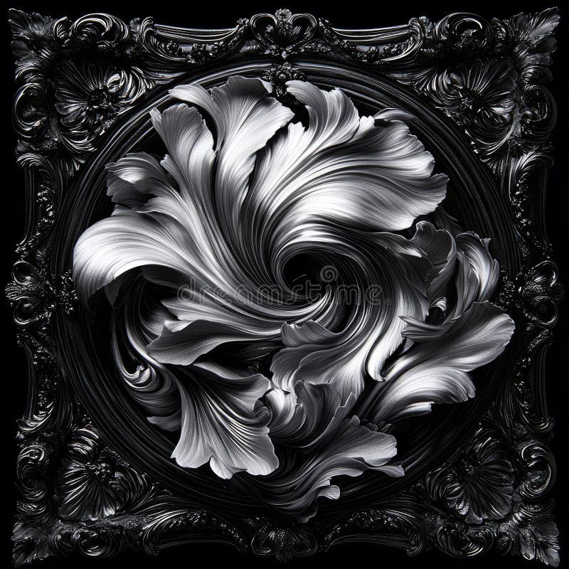 Elegant aquatic still life featuring silver koi in an antique frame stock photo