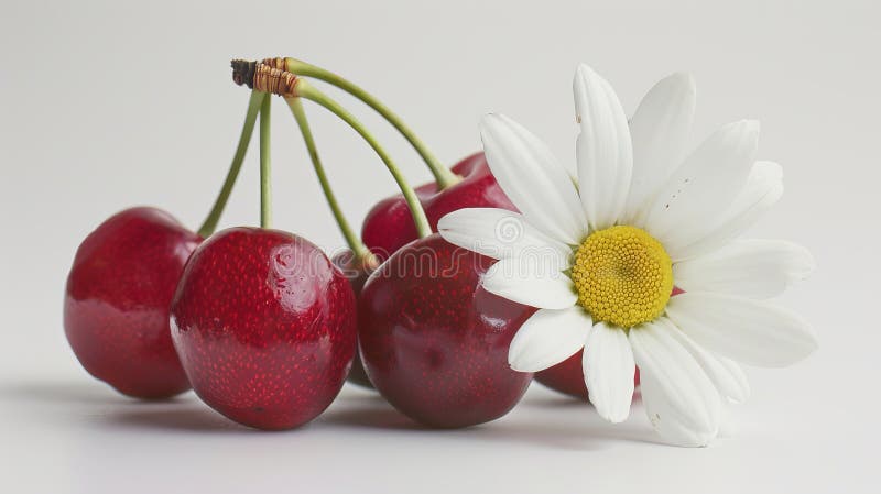 Elegant arrangement of fresh cherries and delicate daisy on a pristine white background vector illustration