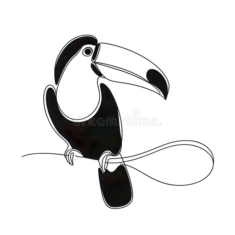 An elegant arrangement of lines and swirls forms the backdrop for a stylized black and white image of a toucan. stock illustration
