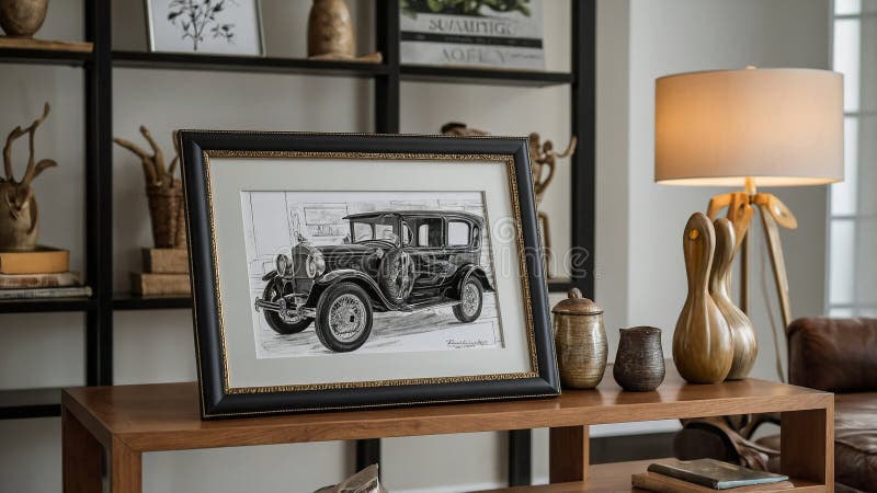 Elegant Art Display: Antique Car Drawing in Stylish Frame on Wooden Table vector illustration