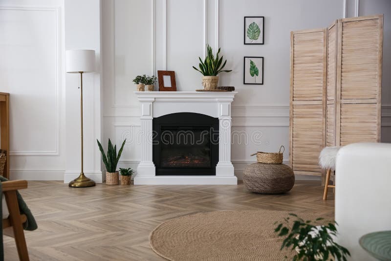 Elegant Artificial Fireplace in Room. Interior Design Stock Image