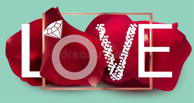 ELEGANT BANNER WITH SCARLET ROSE PETALS AND GOLD FRAME. stock illustration ELEGANT BANNER WITH SCARLET ROSE PETALS AND GOLD FRAME. stock illustration