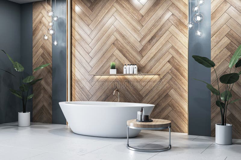 Elegant Bathroom with White Freestanding Tub and Wood Panel Wall. Stock