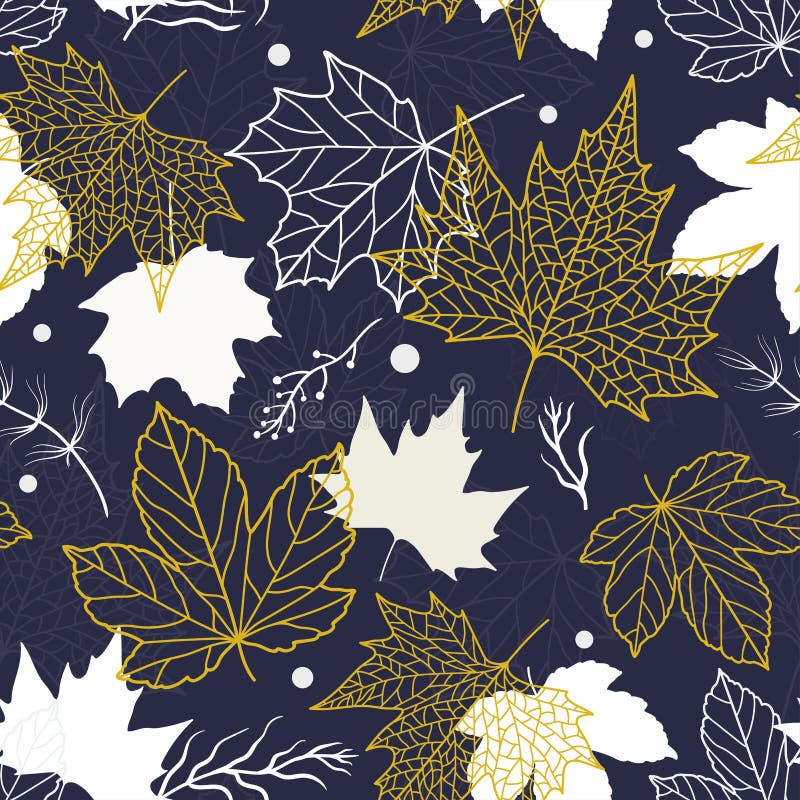 Gold leaf seamless pattern on blue background. Leaf print with