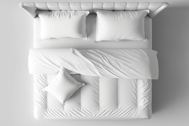 Elegant Bed with Soft White Duvet, Bedding and Pillows, Top View. AI