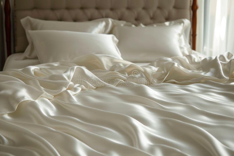 Elegant Bedding white silk satiny. Generate Ai stock illustration