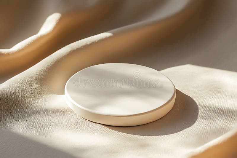 A round, white display stand rests on draped beige fabric. The fabric has soft folds and a smooth texture, casting gentle shadows. Sunlight highlights the fabric's texture and the stand's polished surface. The arrangement creates an elegant, minimalistic aesthetic. Elegant round display stand illustrations