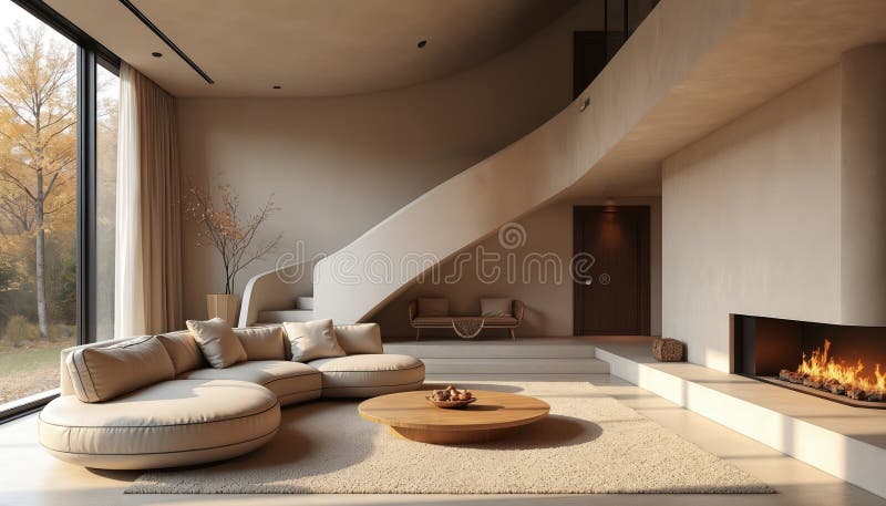 Elegant beige, modernt vardagsrum med eldgarderad trappa. Minimalistisk nutida inomhusdesign. Cozy Home Möbeldech, stort fönster med naturligt ljus. AI genererad