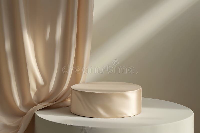 Beige silk drape with a smooth, lustrous texture cascades elegantly beside a round display stand. The stand, covered in matching beige silk, creates a seamless and sophisticated look. Light casts gentle shadows, enhancing the softness and richness of the fabric. The setting is ideal for showcasing products with a luxurious aesthetic, emphasizing simplicity and elegance. The neutral tones and refined materials provide a versatile backdrop for various presentations. Elegant round display stand illustrations