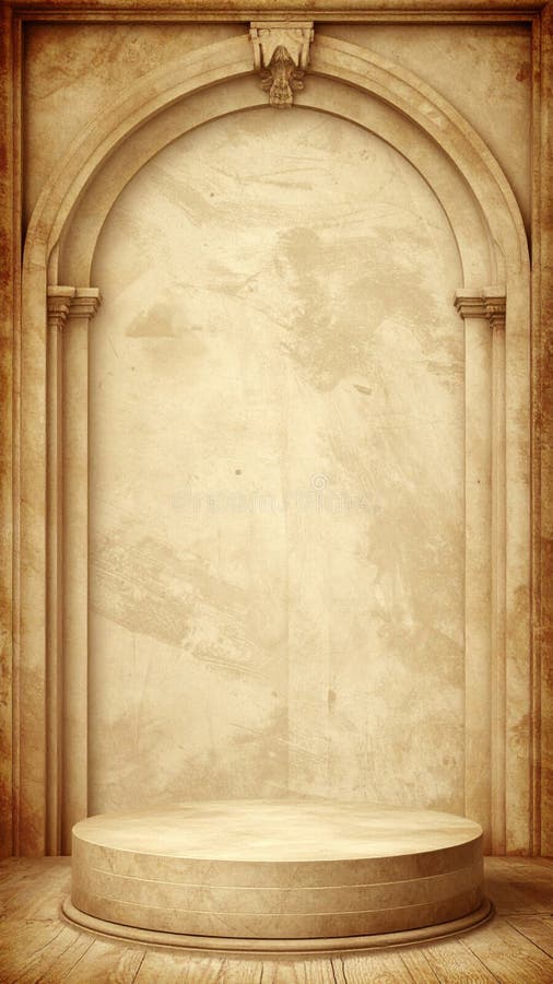 Elegant Beige Stone Arch Background Texture with a Round Podium Display Stand. Elegant round display stand illustrations