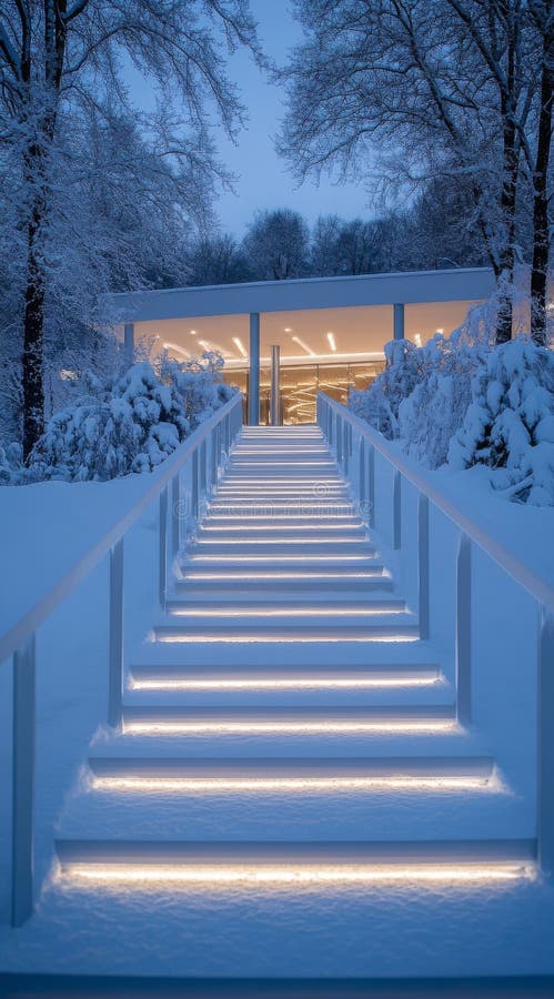 Elegant belyst trapphus som leder till en modern byggnad i ett snöslandskap vid dusk royaltyfria bilder
