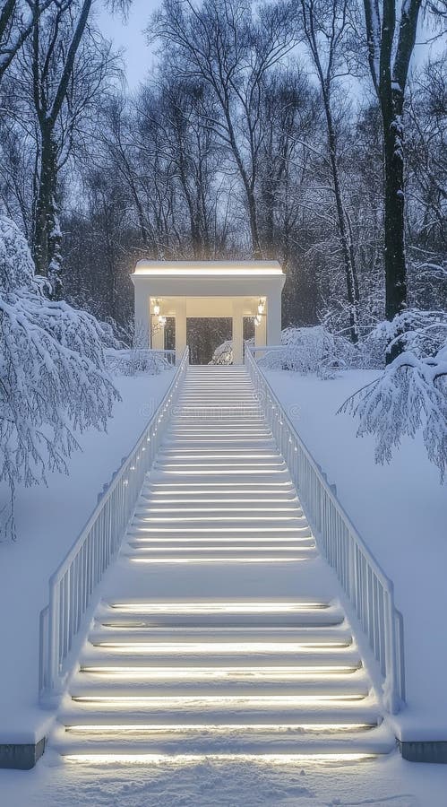 Elegant belyst trapphus som leder till en modern byggnad i ett snöslandskap vid dusk royaltyfri bild