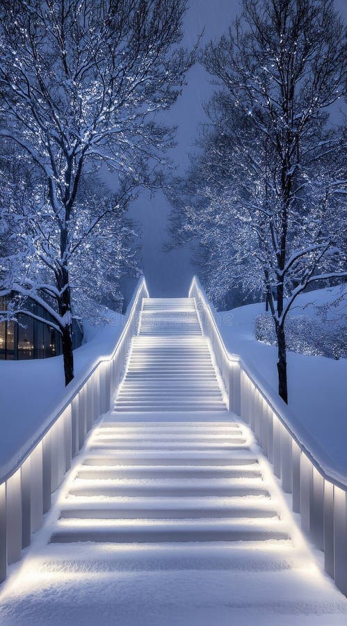 Elegant belyst trapphus som leder till en modern byggnad i ett snöslandskap vid dusk arkivfoton