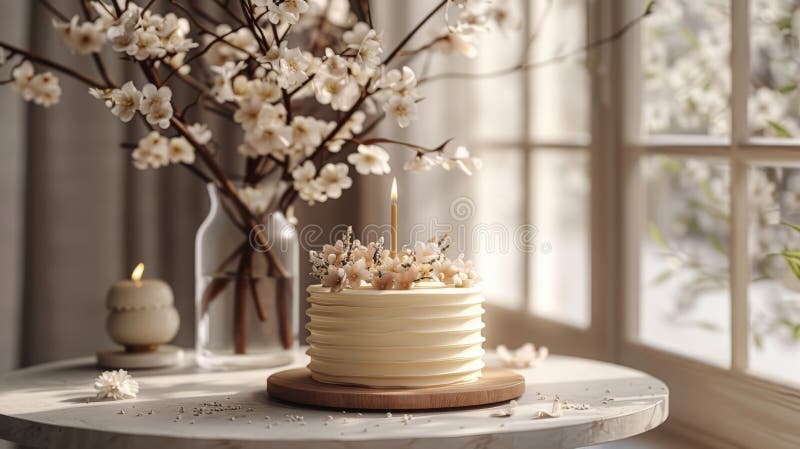 Tort elegant pentru ziua de naștere cu lumânare aprinsă pe o masă royalty free stock images