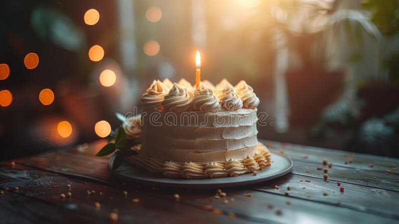 Tort elegant pentru ziua de naștere cu o lumânare aprinsă pe o masă din lemn stock photos