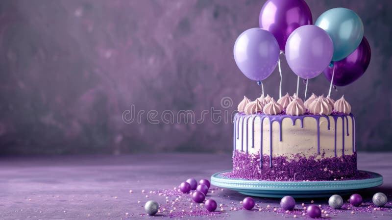 Tort elegant pentru ziua de naștere cu baloane violet și albastru pe un fond strălucitor corespunzător royalty free stock photo