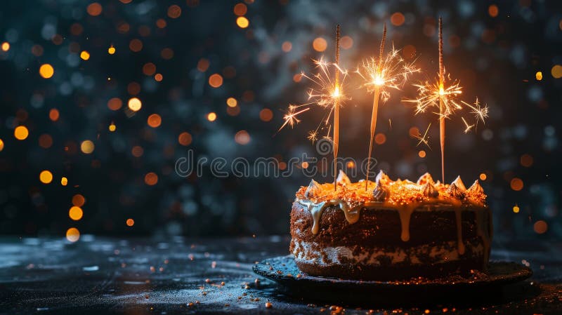 Tort elegant pentru ziua de naștere cu scântei pe fond întunecat. copiere spațiu. șablon invitație la petrecere. ai generativ royalty free stock image