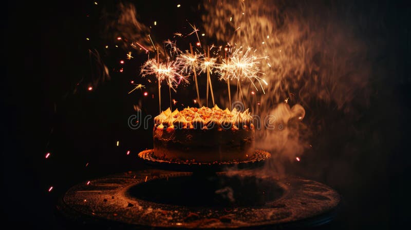 Tort elegant pentru ziua de naștere cu scântei pe fond întunecat. copiere spațiu. șablon invitație la petrecere. ai generativ royalty free stock photography