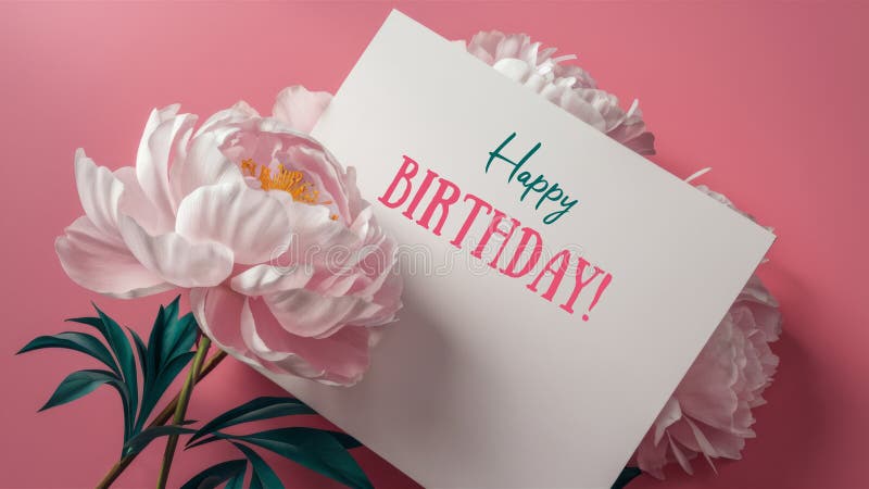 Felicitare elegantă pentru ziua de naștere cu peonies roz și text pentru ziua de naștere fericită pentru design de sărbători și sa stock photo