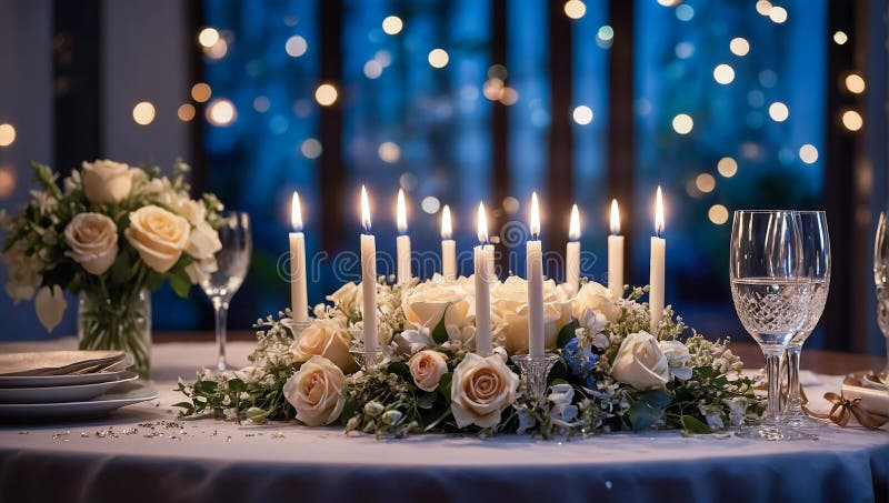 O masă elegantă pentru ziua de naștere cu un tort alb înconjurat de lumânări și aranjamente florale stabilite pe un fundal de royalty free stock image