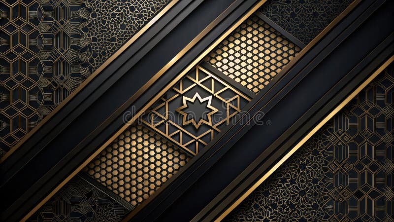 Elegant black and gold geometric abstract design with intricate patterns and layered shapes. Generative AI royalty free illustration