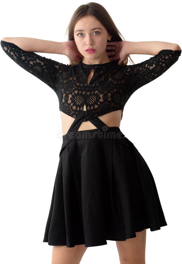 Elegant Black Lace Top med Cutout Waist och Flart Skirt för ett kallt och elegant utseende royaltyfri fotografi
