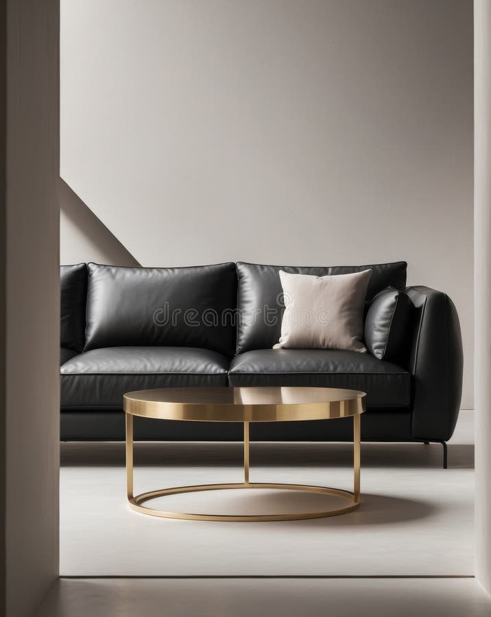 Elegant Black Leather Sofa with Gold Coffee Table in Stylish Interior