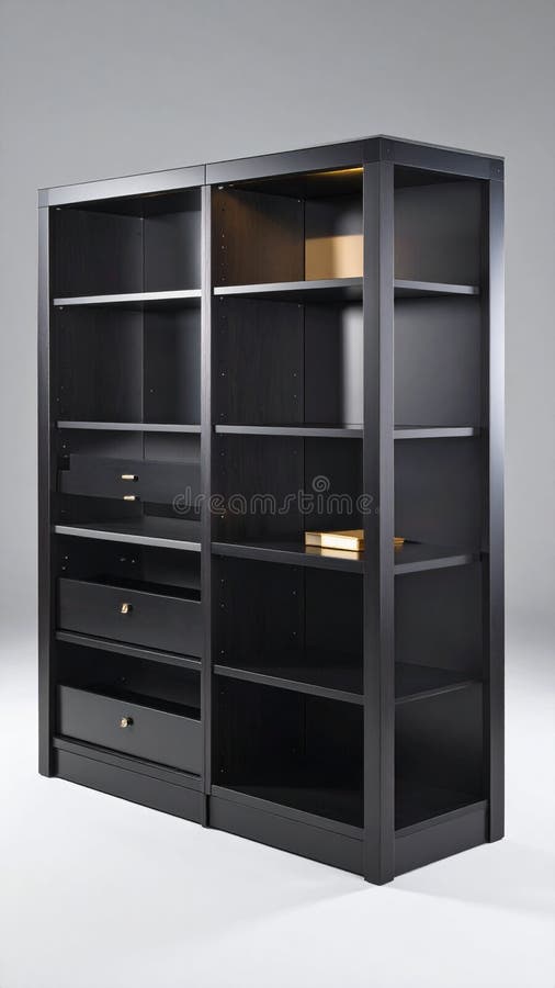Elegant black modular bookcase featuring open shelves, practical drawers, and modern minimalist design royalty free stock image