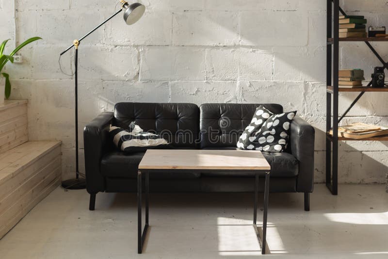 Elegant Black Sofa in Modern Living Room Interior Stock Photo Image