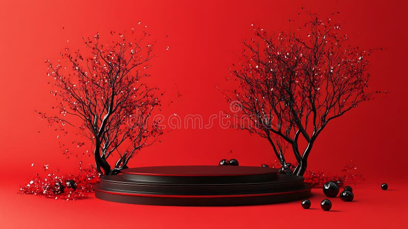 Elegant black trees and round objects on a bold red background. ai-generated