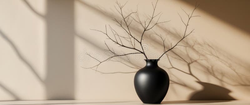Elegant black vase with branches casting shadows on a warm wall stock photography