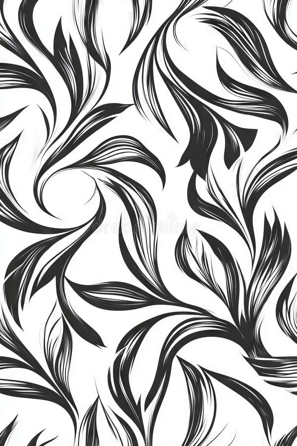 Elegant Black and White Abstract Floral Pattern with Flowing Curves and Leaves vector illustration