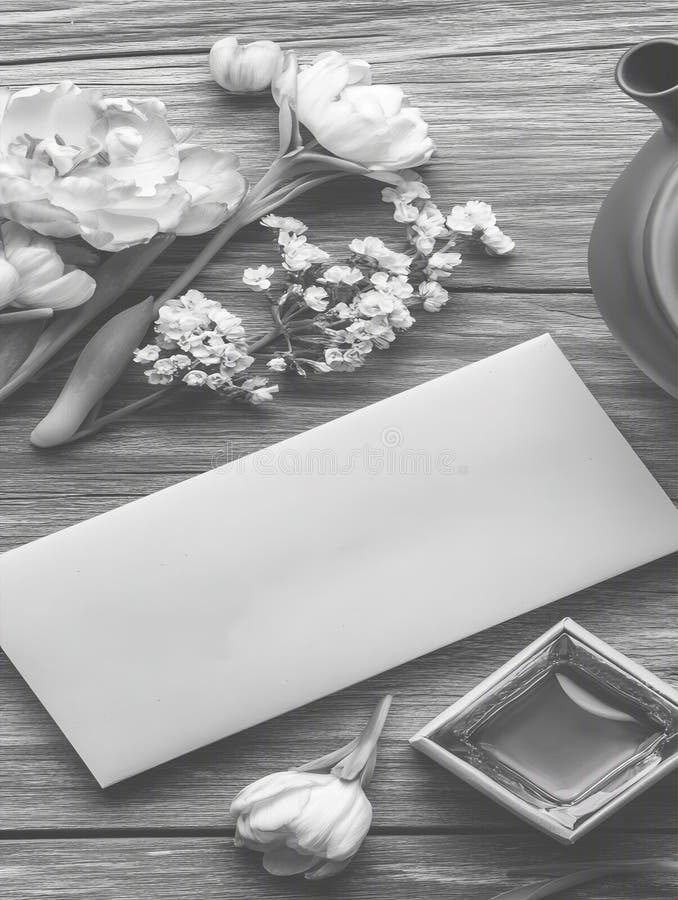 Elegant Blank Kuvert Mockup med Flowers och Teapot på Rustic Wood royaltyfri illustrationer