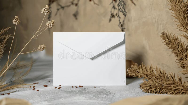 Elegant blankkuvert på rustik bakgrund med naturliga element stock illustrationer