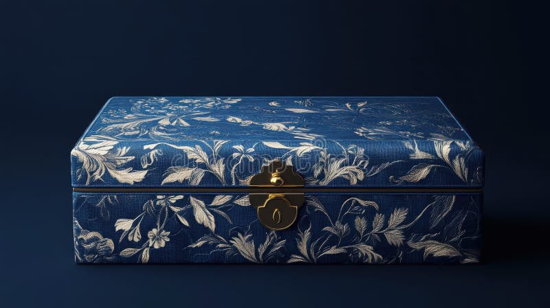 Elegant blue decorative box with floral patterns and golden lock vector illustration